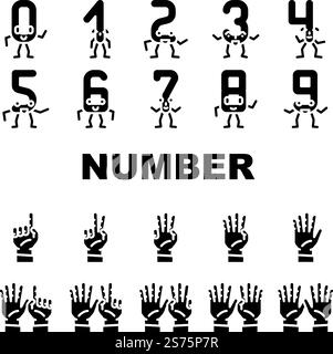 Zahlenzeichen niedliche Symbole setzen Vektor. Schriftart lustig, Schuldesign, lustig eins, Buchstabe, Typografie drei, Bildungs-Nummer-Zeichen niedliche Glyphen-Piktogramme. Zahlenzeichen niedliche Symbole setzen Vektor Stock Vektor