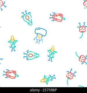Obst-Gemüse-Charakter Lebensmittel-Vektor nahtlose Muster dünne Linie Illustration. Obst-Gemüse-Charakter Lebensmittel-Vektor nahtloses Muster Stock Vektor