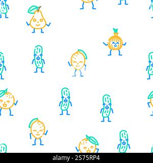 Obst-Gemüse-Charakter Lebensmittel-Vektor nahtlose Muster dünne Linie Illustration. Obst-Gemüse-Charakter Lebensmittel-Vektor nahtloses Muster Stock Vektor