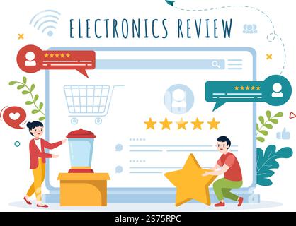 Überprüfung der Elektronik mit Kundenbewertung der Servicequalität oder der Anwendung und Abgabe von Feedback in einer flachen, handgezeichneten Schablone Stock Vektor