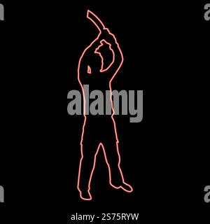 Neon Mann mit Schwert Machete von oben kalte Waffen in der Hand Soldat Soldat Soldat in verschiedenen Positionen Hunter mit Messer Kampf stellt starke Verteidiger Krieger Konzept Waffen stehende rote Farbe Vektor Illustration Bild flache Stil Licht. Neon Mann mit Schwert Machete von oben kalte Waffen in der Hand Soldat Soldat Soldat in Positionen Hunter mit Messer Kampf stellt starke Verteidiger Krieger Konzept Waffen Stand rote Farbe Vektor Illustration Bild flach Stil Stock Vektor