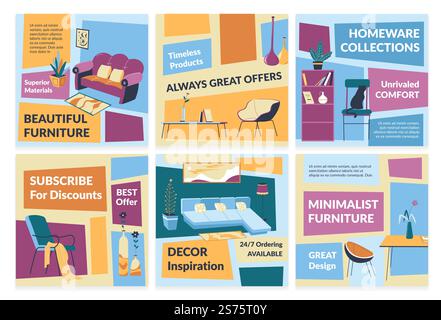Social-Media-Webseite für Möbelgeschäft. Innendekorationsförderung, Netzwerk-Bannersammlung, Vektorillustration. Verkauf von Haushaltswaren mit Couch, Sessel und Tisch. Social-Media-Webseite für Möbelgeschäft Stock Vektor
