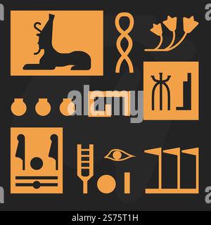 Antike Texte aus der ägyptischen Zivilisation, Hieroglyphen und Silhouetten von Zeichen und Symbolen. Pharao und Wellen mit Linien, Code oder Sondersprache alter Zeiten. Vektor in abgewickelter Darstellung. Ägyptische Hieroglyphen und alte Schriften Stock Vektor