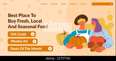 Lokaler Markt mit frischen und saisonalen Speisen, Geschenkgutscheinen und wöchentlicher Anzeige, Angebote des Monats. Verkaufen und kaufen Sie leckeres Gemüse und Produkte von Erzeugern. Website-Landing-Page, Internet-Site. Vektor in flach. Der beste Ort, um frisches lokales und saisonales Essen zu kaufen Stock Vektor