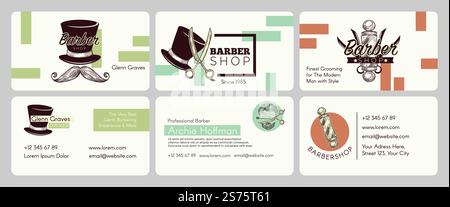 Emblem des Friseurgeschäfts am Visitenkartenset. Hand gezeichnete Elemente mit Mannbart und Schnurrbart an der Corporate Design Kollektion, Vektorillustration. Unternehmenspapier für Pflegedienste und Friseure. Emblem des Friseurgeschäfts am Visitenkartenset Stock Vektor