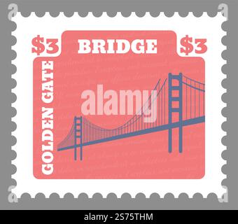 Golden Gate Bridge auf Poststempel oder Postkarte, Architektur und Natur der USA. Hängeweg, Sightseeing und kulturelle Sehenswürdigkeiten oder Wahrzeichen. Postzeichen oder Karte mit Preis. Vektor in abgewickelter Form. Amerikanische Brücke, goldenes Tor auf Poststempel oder Karte Stock Vektor