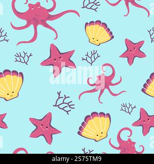 Meeressterne und Muscheln, Kraken und Algen, Aquarienkomposition mit Unterwasser-Meerestieren mit Mündungsausdruck. Nahtloses Muster oder Hintergrundbild, Hintergrund oder Druck. Vektor in abgewickelter Form. Aquarium mit lächelndem Muster von Meeressternen und Muscheln Stock Vektor