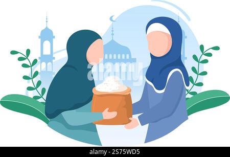 Muslimische Menschen spenden Almosen, Zakat oder Infaq an eine Person, die sie benötigt, in der Abbildung „Flat Cartoon Poster Hand Drawn Templates“ Stock Vektor