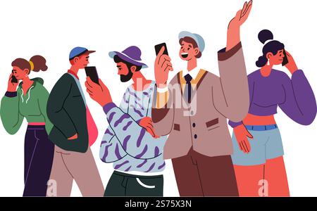 Teenager und Jugendliche sprechen und chatten auf Smartphones. Isolierte Menschen mit Gadgets, die kommunizieren und sprechen, Emotionen ausdrücken und lächeln. Bärtiger Mann und süße Frau. Vektor in abgewickelter Form. Leute, die über Telefone reden, Kommunikationsvektor Stock Vektor