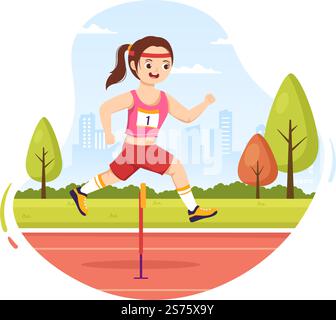 Kindersportler Run Hürde Long Jump Sportsman Game Illustration in Obstacle Running für Webbanner oder Landing Page in handgezeichneten Cartoon-Vorlagen Stock Vektor
