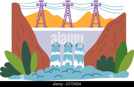 Kraft des blühenden Wassers, geothermische Energiespeicherung und Energiespeicherung. Umweltfreundliche und nachhaltige alternative Quellen. Dam mit Barrieren und Kabeln. Vektor in abgewickelter Form. Geothermie, Staukraft des blühenden Wassers Stock Vektor