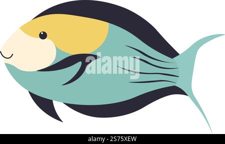 Wassertier mit Flossen und Schwanz, farbenfrohe Körperstreifen. Isolierte Ikone der Fische, des Meeres und der wilden Lebewesen. Unterwasserfauna, tropische und exotische Wasserbewohner. Vektor in abgewickelter Form. Aquarienfische, Wassertiere mit Flossenvektor Stock Vektor