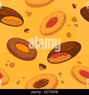 Gebäck und Süßwaren, Kekse und Kekse mit Schokoladenbelag und Sahne. Cracker und leckeres Dessert, Süßigkeiten aus dem Laden. Nahtloses Muster, Hintergrund- oder Hintergrundbild. Vektor in abgewickelter Form. Kekse und Kekse mit Schokolade und Sahne Stock Vektor