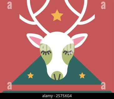 Weihnachten und Neujahr, Hirsch oder Rentier mit geschlossenen Augen. Charaktersymbol für Weihnachten, Tier und Geweih oder Hörner und leuchtende Sterne. Symbolik der Winterferien. Vektor in abgewickelter Form. Weihnachtssymbol, Hirsch mit Geweih und Sternen Stock Vektor