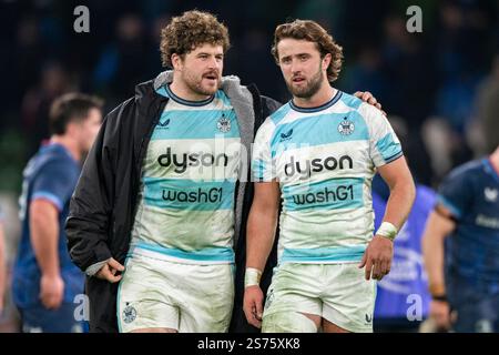 Dublin, Irland. Januar 2025. Alfie Barbeary of Bath und Tom Glanville of Bath nach dem Investec Champions Cup, Pool 2, Runde 4 Spiel zwischen Leinster Rugby und Bath Rugby im Aviva Stadium in Dublin, Irland am 18. Januar 2025 (Foto: Andrew SURMA/ Credit: SIPA USA/Alamy Live News Stockfoto