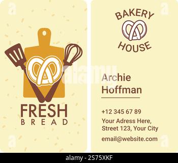 Frisches Brot aus der Bäckerei, Kochrezepte und leckeres Gebäck mit Bio-Zutaten. Köstliches Essen und natürliche Mahlzeit, Kontaktinformationen auf Banner. Visitenkarte mit Logo, Vektor in flachem Stil. Bäckerei Haus, Frischbrot Visitenkarte mit Infos Stock Vektor