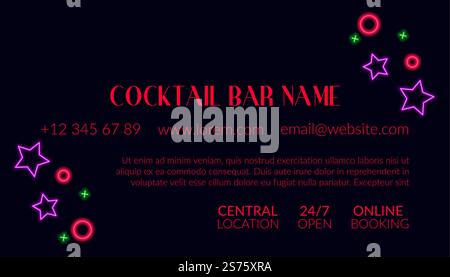Bar mit Cocktails und alkoholischen Getränken, Name und persönliche Informationen des Managers oder Eigentümers. Website und physische Adresse, E-Mail und Telefon. Visitenkarte mit Logo, Vektor in flachem Stil. Cocktailbar, Visitenkarten mit Informationen Stock Vektor