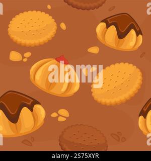 Gebäck und Süßwaren, Kekse und Kekse mit Schokoladenbelag und Sahne. Cracker und leckeres Dessert, Süßigkeiten aus dem Laden. Nahtloses Muster, Hintergrund- oder Hintergrundbild. Vektor in abgewickelter Form. Kekse und Kekse mit Schokolade und Sahne Stock Vektor
