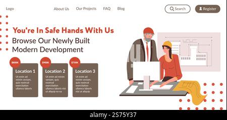 Baudienstleistungen, Sie sind bei uns in sicheren Händen. Entdecken Sie unsere neu errichtete moderne Entwicklung. Standorte und Preise, das Team der Architekten. Website-Seite, Vorlage für Landing-Site. Vektor in abgewickelter Form. Durchsuchen Sie unsere neu gebaute Website für moderne Entwicklung Stock Vektor