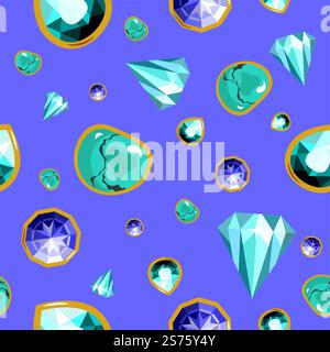 Edelsteine und Edelsteine, Brillanten und Smaragde, Diamanten besetzt. Teurer Schmuck und Reichtum, Reichtum und Reichtum. Nahtlose Muster-, Hintergrund- oder Drucktapete. Vektor in abgewickelter Form. Edelsteine und Edelsteine, Brillanten und Smaragde Stock Vektor