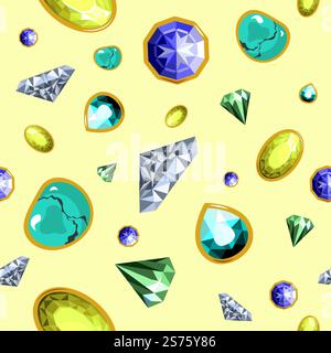 Edelsteine und Edelsteine, Brillanten und Smaragde, Diamanten besetzt. Teurer Schmuck und Reichtum, Reichtum und Reichtum. Nahtlose Muster-, Hintergrund- oder Drucktapete. Vektor in abgewickelter Form. Edelsteine und Edelsteine, brillante Muster Stock Vektor
