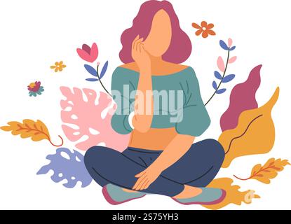 Frauen sitzen umgeben von Blumen und Laubbotanik, isoliertem weiblichem Charakter, Weiblichkeit und Eleganz. Hübsche Persönlichkeit, Schönheit und Kosmetik oder Spacsalonverfahren. Vektor in abgewickelter Form. Weibliche Frau mit Laub und Blätter Vektor Stock Vektor