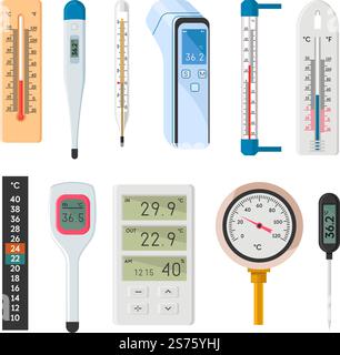 Messgerät zur Messung und Anzeige der Temperatur, isolierte Arten von Thermometern mit elektronischem Band, das das Ergebnis anzeigt. Pflege für Gesundheit und Wellness, Check-up bei Doc. Vektor in abgewickelter Form. Thermometer, die die Temperatur in Celcius-Symbol anzeigen Stock Vektor