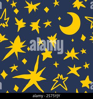 Hand gezeichnetes nahtloses Vektor-Muster mit Mond und Sternen. Abstrakter Texturhintergrund. Freihandzeichnung von skizzenhaften Formen Vektor. Tapeten, Papier, Stoff, Textildesign. Abstraktes nahtloses Vektormuster. Texturhintergrund. Stock Vektor