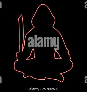 Neon Mann mit Schwert Machete Kalte Waffen in der Hand Soldat Soldat Soldat in verschiedenen Positionen Hunter mit Messer Kampf stellt starke Verteidiger Krieger Konzept Waffen Lotus Pose rote Farbe Vektor Illustration Bild flache Stil Licht. Neon Mann mit Schwert Machete Kalte Waffen in der Hand Militärmann Soldat Soldat Soldat in Positionen Hunter mit Messer Kampf Posts starker Verteidiger Krieger Konzept Waffen Lotus Pose rote Farbe Vektor Illustration Bild flach Stil Stock Vektor