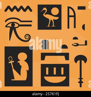 Altägyptische Hieroglyphen, Gemälde und Zeichnungen der antiken Zivilisation, Text und Alphabet oder Kommunikation. Erleichterung mit Zeichen, Augen und Göttern mit Ankh, alter Religion und Glauben. Vektor in abgewickelter Form. Alte Hieroglyphen alte Zivilisationsdruckvektor Stock Vektor