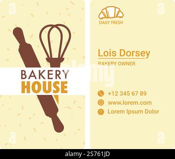 Visitenkarte für Bäckerei, Geschäft oder Geschäft mit frischem Gebäck und Süßwaren. Logo und Kontaktinformationen des Eigentümers, Telefonnummer und Website. Schneebesen und Rollen. Vektor in abgewickelter Form. Visitenkarte und Kontaktinformationen des Bäckerhauses Stock Vektor