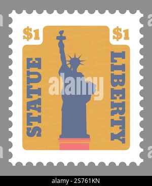 Freiheitsstatue amerikanischer Stempel auf der Postkarte mit Symbol der Freiheit. Sehenswürdigkeiten und Reisen in den USA, Sehenswürdigkeiten und Denkmäler. Postzeichen oder Karte mit Preis. Vektor in abgewickelter Darstellung. American Liberty Statue, Briefmarke mit Preis Stock Vektor