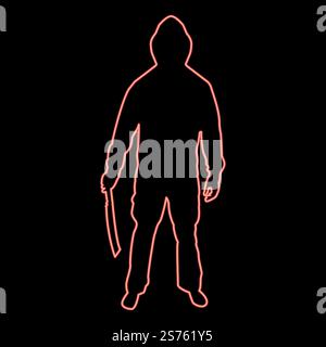 Neon Mann mit Schwertmachete Kalte Waffen in der Hand Militärmann Soldat Soldat Soldat in verschiedenen Positionen Hunter mit Messer Kampf stellt starke Verteidiger Krieger Konzept Waffen stehende rote Farbe Vektor Illustration Bild flache Stil Licht. Neon Mann mit Schwert Machete Kalte Waffen in der Hand Militärmann Soldat Soldat Soldat in Positionen Hunter mit Messer Kampf Posts starker Verteidiger Krieger Konzept Waffen Stand rote Farbe Vektor Illustration Bild flach Stil Stock Vektor