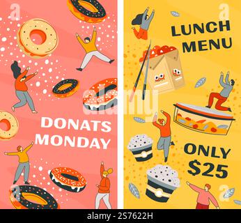 Donut Montag, Angebote und Rabatte an Wochentagen. Mittagsmenü, nur 25 Dollar, Preis und Angebot im Geschäft oder Café. Werbebanner oder -Werbung. Vektor in abgewickelter Form. Mittagsmenü, Donut montag, sparen Sie Geld mit Verkauf Stock Vektor
