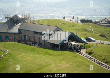 Blick von einer Seilbahn, Great Orme, über Llandudno, Wales Stockfoto