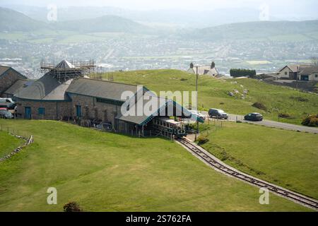 Blick von einer Seilbahn, Great Orme, über Llandudno, Wales Stockfoto