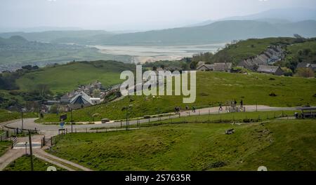 Blick von einer Seilbahn, Great Orme, über Llandudno, Wales Stockfoto
