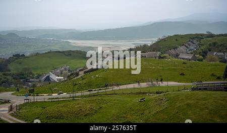 Blick von einer Seilbahn, Great Orme, über Llandudno, Wales Stockfoto