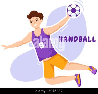 Handball Darstellung eines Spielers, der den Ball mit der Hand berührt und in einem flachen Zeichnungsschablone für den Sportwettbewerb ein Tor erzielt Stock Vektor