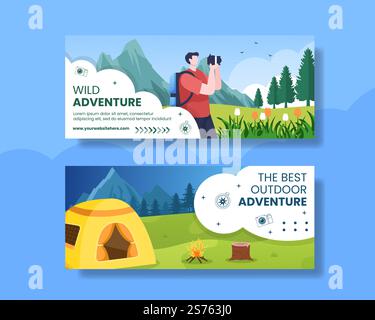 Naturabenteuer oder Urlaub Horizontales Banner flache Cartoon handgezeichnete Vorlagen Illustration Stock Vektor