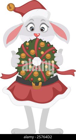 Hasenfigur mit weihnachtsmann-Hut und Rock mit Gürtel, der Weihnachtskranz mit Kugeln und Bändern hält. Weihnachten und Neujahr, Winterferien und lustige Traditionen. Vektor in abgewickelter Form. Kaninchenfigur, die Weihnachtskranz in den Händen hält Stock Vektor