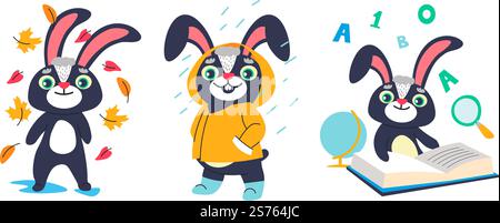 Hasencharakter in der Herbstsaison, isoliertes Kaninchen mit Regenmantel, das unter Regen steht. Fallende trockene Blätter. Zurück zur Schule lernte Hase Bücher lesen und lernte. Vektor in abgewickelter Form. Hasenfiguren im Herbst, zurück zum Schulhasen Stock Vektor