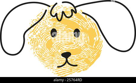 Hund-Daumenabdruck, isoliertes Porträt von Hund Haustier mit Ohren. Niedlicher Gesichtsausdruck des Haustiers, kindliche Malerei der Linienkunst. Einfache Zeichenzeichnung mit Fingerstempel, Vektor in flacher Form. Daumenabdruckzeichnung des Mündungsvektors der Hundefigur Stock Vektor