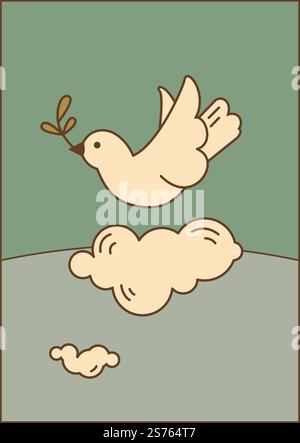 Cartoon-Taube, die über Wolken fliegt und Blattzweige trägt. Frieden und idyllische, weiße Taube Symbol für Harmonie und Glückseligkeit. Wilde Natur und Symbolik, Himmel mit Vogel mit Gefieder. Vektor in abgewickelter Form. Taube mit Blattzweig, der über Wolkenvektor fliegt Stock Vektor