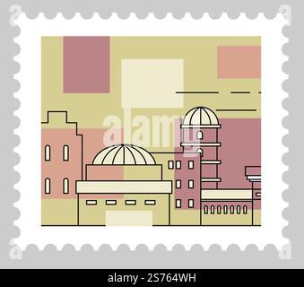 Italienische Architektur mit Gebäuden und historischen Sehenswürdigkeiten, Wahrzeichen Italiens. Postzeichen oder Karte, Postbrief und Korrespondenz. Einfarbige Skizzenkontur. Vektor in abgewickelter Darstellung. Architektur und berühmte Wahrzeichen auf Karte oder Marke Stock Vektor