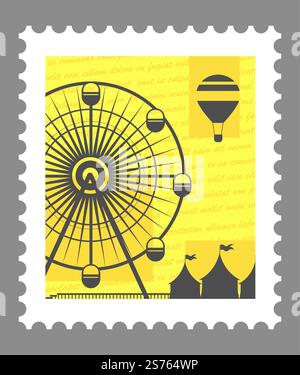 Poststempel oder Postkarte mit Vergnügungspark. Attraktionen und unterhaltsame Aktivitäten, Riesenrad. Postzeichen oder Karte, Postbrief und Korrespondenz. Einfarbige Skizzenkontur. Vektor in abgewickelter Form. Attraktionen Unterhaltung, Vergnügungspark Postkarte Stock Vektor