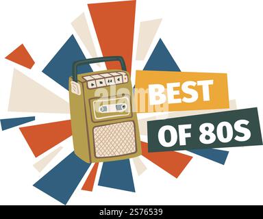 Boombox zum Abspielen von Musik. Isolierter Audioplayer und Recorder der alten Schule. Disco der 80er Jahre, veraltete Gadgets für Unterhaltung und Spaß. Magnetophon und Streifen. Vektor in abgewickelter Form. Das Beste aus dem Disco-Musikgerät der 80er Jahre, Boombox-Vektor Stock Vektor