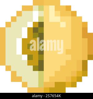 Melonenreife Früchte, Pixelzeichen der Pflanze mit Samen. Lebensmittelzutaten, Kochen und Zubereiten von Mahlzeiten. Leckere süße Beeren Natur und Öko. Gepixeltes isoliertes Symbol, 8-Bit-Spieldesign, Vektor im flachen Stil. Pixel Frucht Icon, Melone pixeliert Kunst, Vektor Stock Vektor