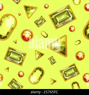 Edelsteine und Edelsteine, Brillanten und Smaragde, Diamanten besetzt. Teurer Schmuck und Reichtum, Reichtum und Reichtum. Nahtlose Muster-, Hintergrund- oder Drucktapete. Vektor in abgewickelter Form. Edelsteine und Edelsteine, Brillanten und Smaragde Stock Vektor