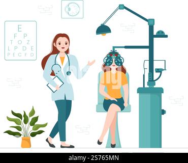 Optometrist with Ophthalmologist Checks Patient Sight, Optical Eye Test and Brillen Technology in Flat Cartoon Hand Drawn Templates Illustration Stock Vektor